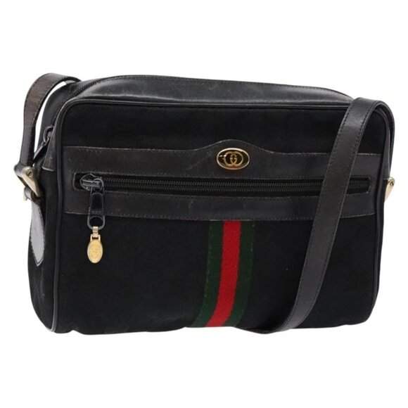 GUCCI GG Canvas Web Sherry Line Shoulder Bag Black Gold 56 02 004 Auth 137693 - Picture 1 of 16